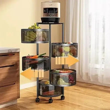 Multilayer fruit organizer on wheels with round black mesh baskets for produce