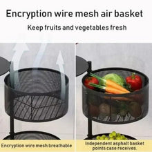 Round wire mesh baskets on a wheeled multilayer fruit and vegetable organizer
