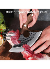 Huitich double-hole meat cutting knife with wooden handle cutting raw meat on wooden board
