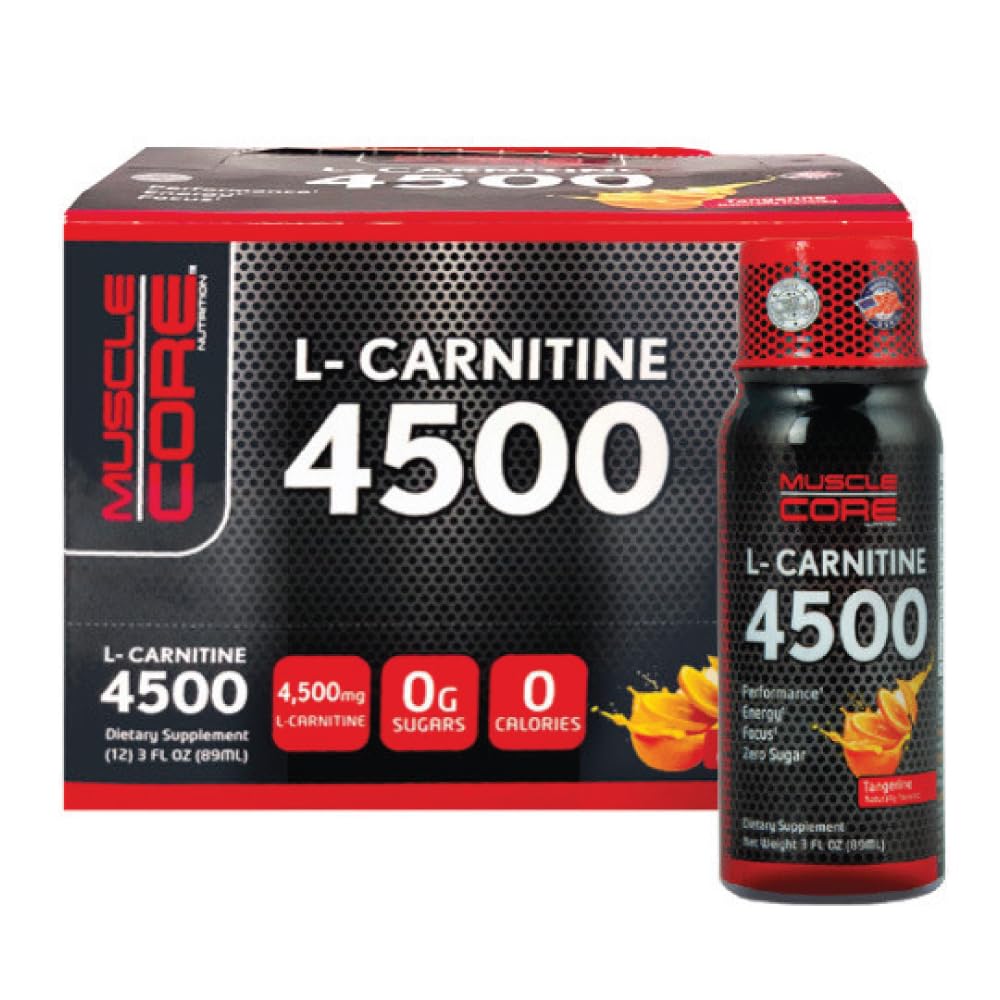 Muscle Core Nutrition L-Carnitine 89ml tangerine energy shot pack showing bottle and labeled 4500 mg box
