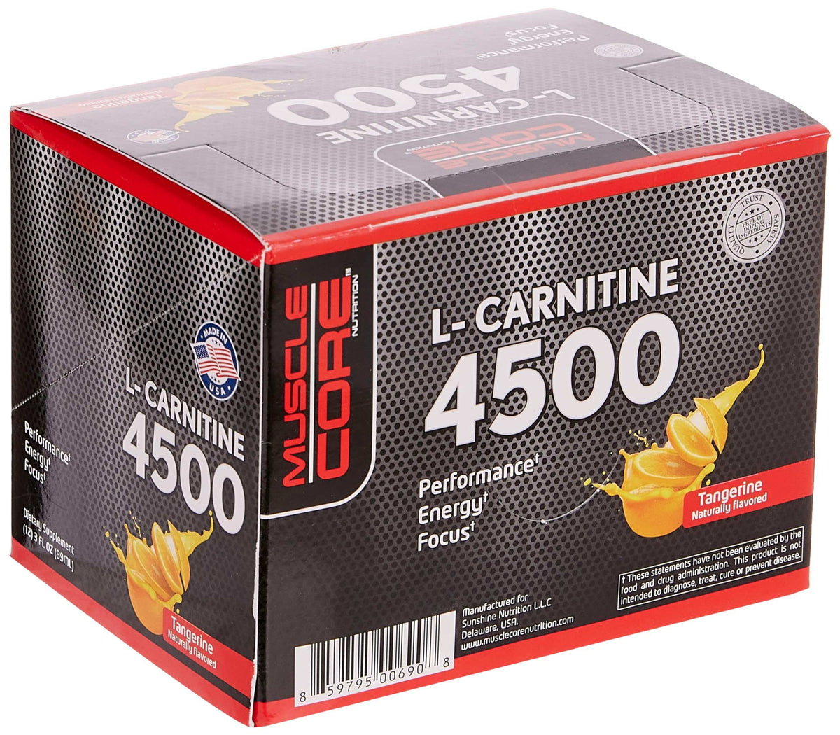 Muscle Core Nutrition L-Carnitine 89ml box 4500 tangerine flavor supplement packaging