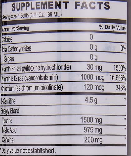 Muscle Core Nutrition L-Carnitine 89ml. Supplement facts label showing 4.5g L-Carnitine 200mg caffeine B6 B12 taurine