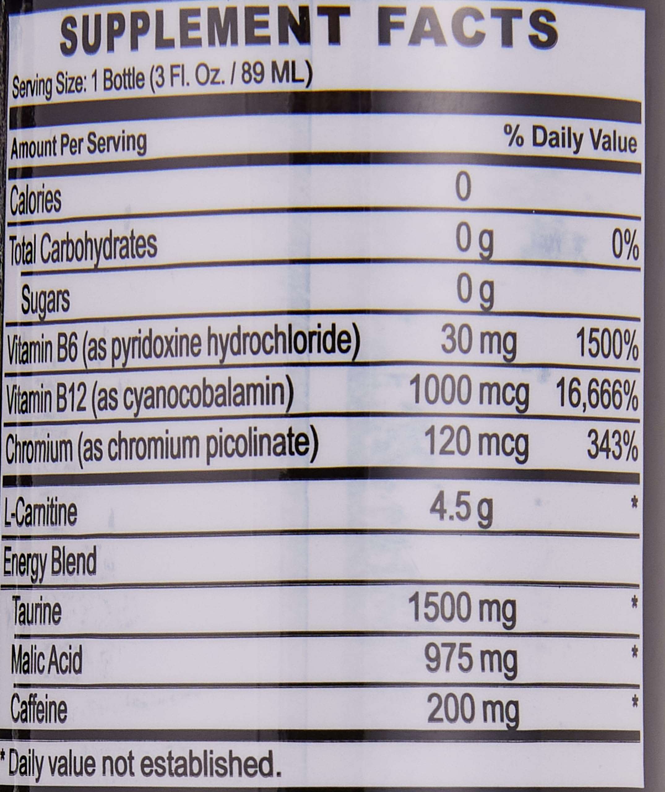 Supplement facts label showing Muscle Core Nutrition L-Carnitine 89ml with L-Carnitine 4.5 g taurine 1500 mg caffeine 200 mg