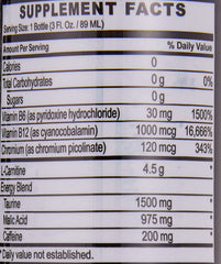Supplement facts label showing Muscle Core Nutrition L-Carnitine 89ml with L-Carnitine 4.5 g taurine 1500 mg caffeine 200 mg