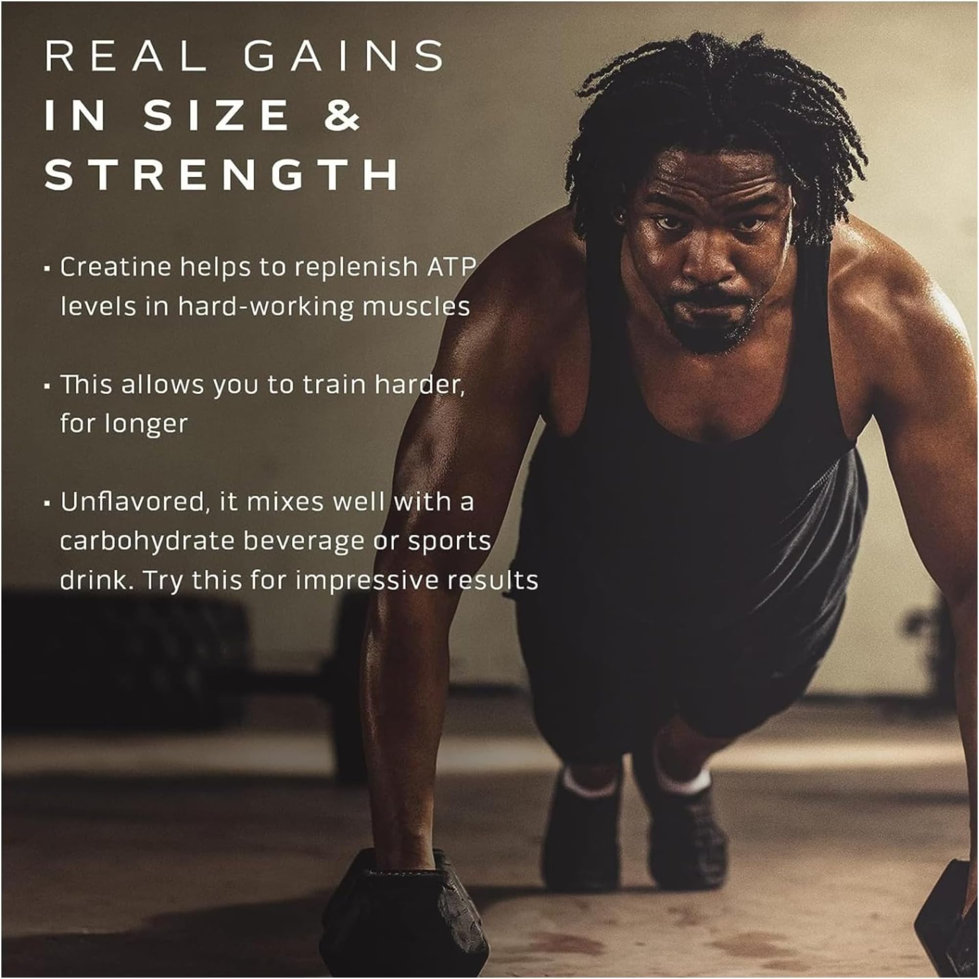 Muscletech creatine monohydrate powder UAE ad featuring a muscular man doing push ups and benefits text