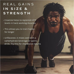 Muscletech creatine monohydrate powder UAE ad featuring a muscular man doing push ups and benefits text