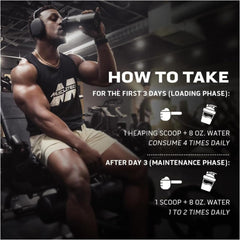 Muscletech athlete drinking from shaker in gym with dosing instructions for creatine monohydrate powder UAE