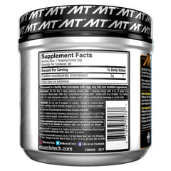 Muscletech creatine monohydrate powder UAE tub showing supplement facts label and black MT lid
