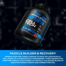 Black creatine supplement bottle with Cell Tech branding and fruit illustrations