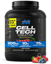 Black creatine supplement tub with Cell Tech label and fruit punch flavor graphics