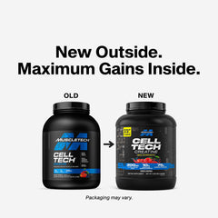 Muscletech Cell Tech creatine showing old and new tubs side by side with branding creatine muscle builder powder
