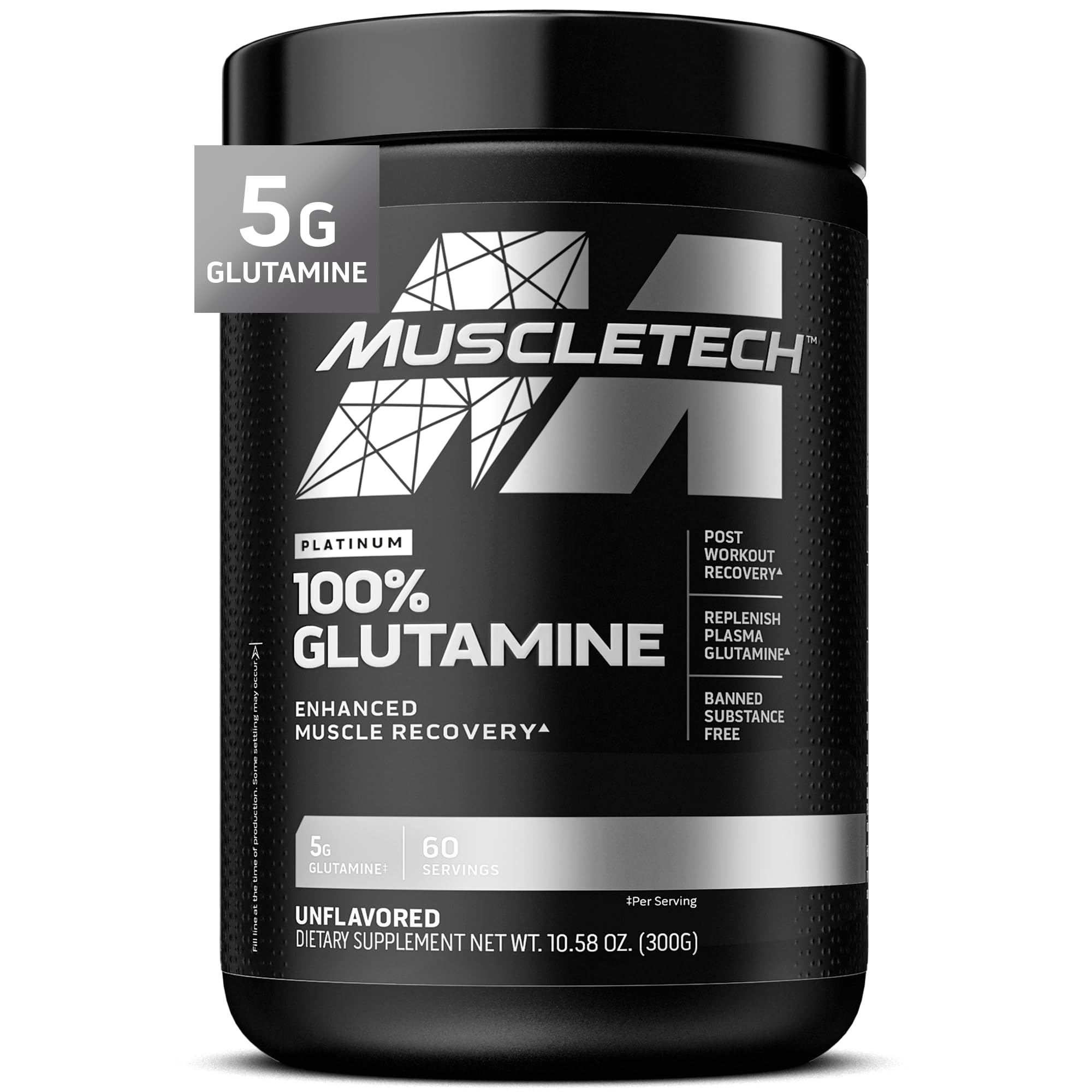 MuscleTech Platinum 100 percent glutamine powder for muscle recovery unflavored 60 servings black tub
