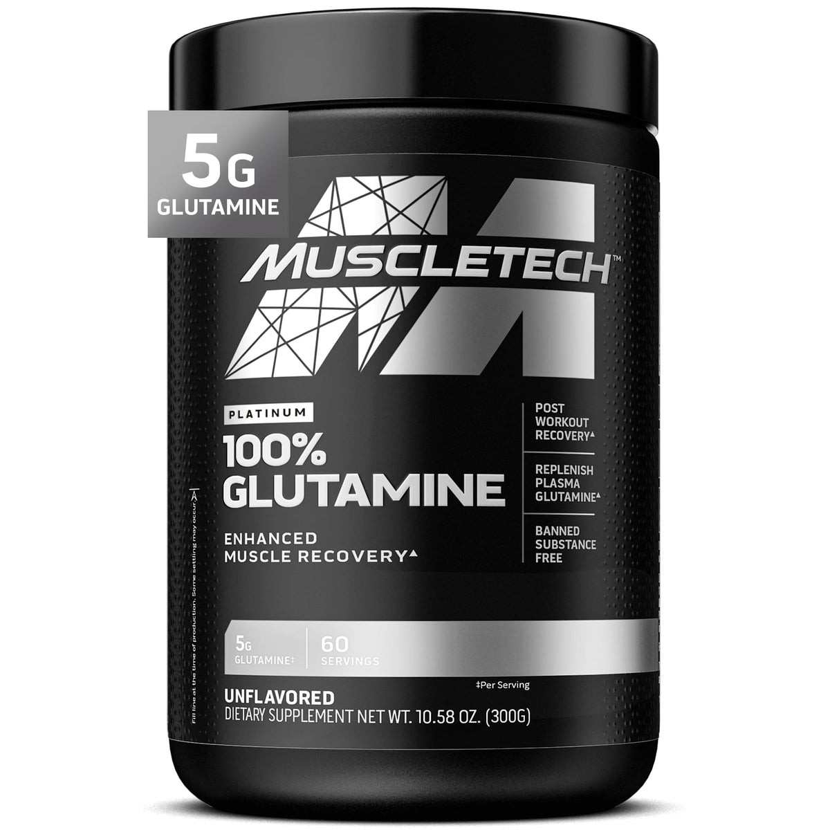 MuscleTech Platinum 100 percent glutamine powder for muscle recovery unflavored 60 servings black tub