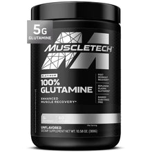 MuscleTech Platinum 100% glutamine powder tub, black with silver label, unflavored.