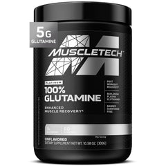 MuscleTech Platinum 100 percent glutamine powder for muscle recovery unflavored 60 servings black tub