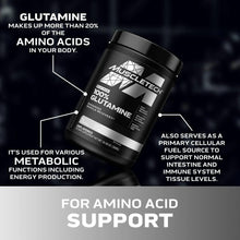 MuscleTech Platinum 100% glutamine tub, black container with silver band.