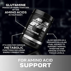 Muscletech 100 percent Glutamine supplement tub on dark background showing benefits glutamine powder for muscle recovery