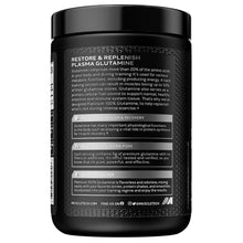 MuscleTech Platinum glutamine powder tub with back label and supplement details