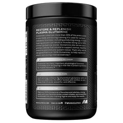 Muscletech black supplement jar of plasma glutamine label shown glutamine powder for muscle recovery