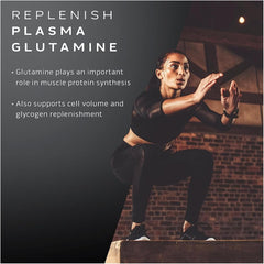 Muscletech glutamine powder for muscle recovery ad showing athletic woman performing box jump in gym