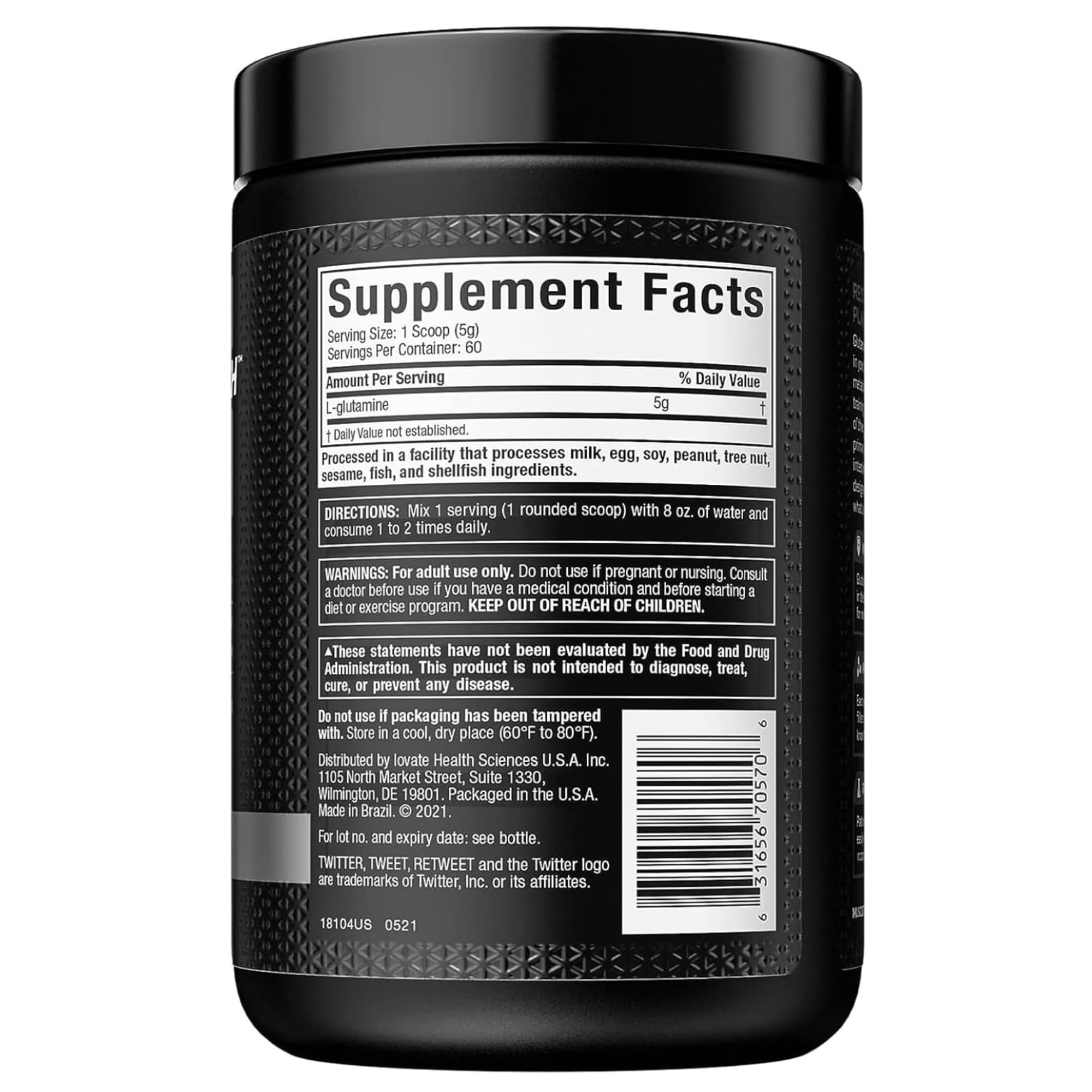 Muscletech glutamine powder for muscle recovery black jar showing Supplement Facts label and directions