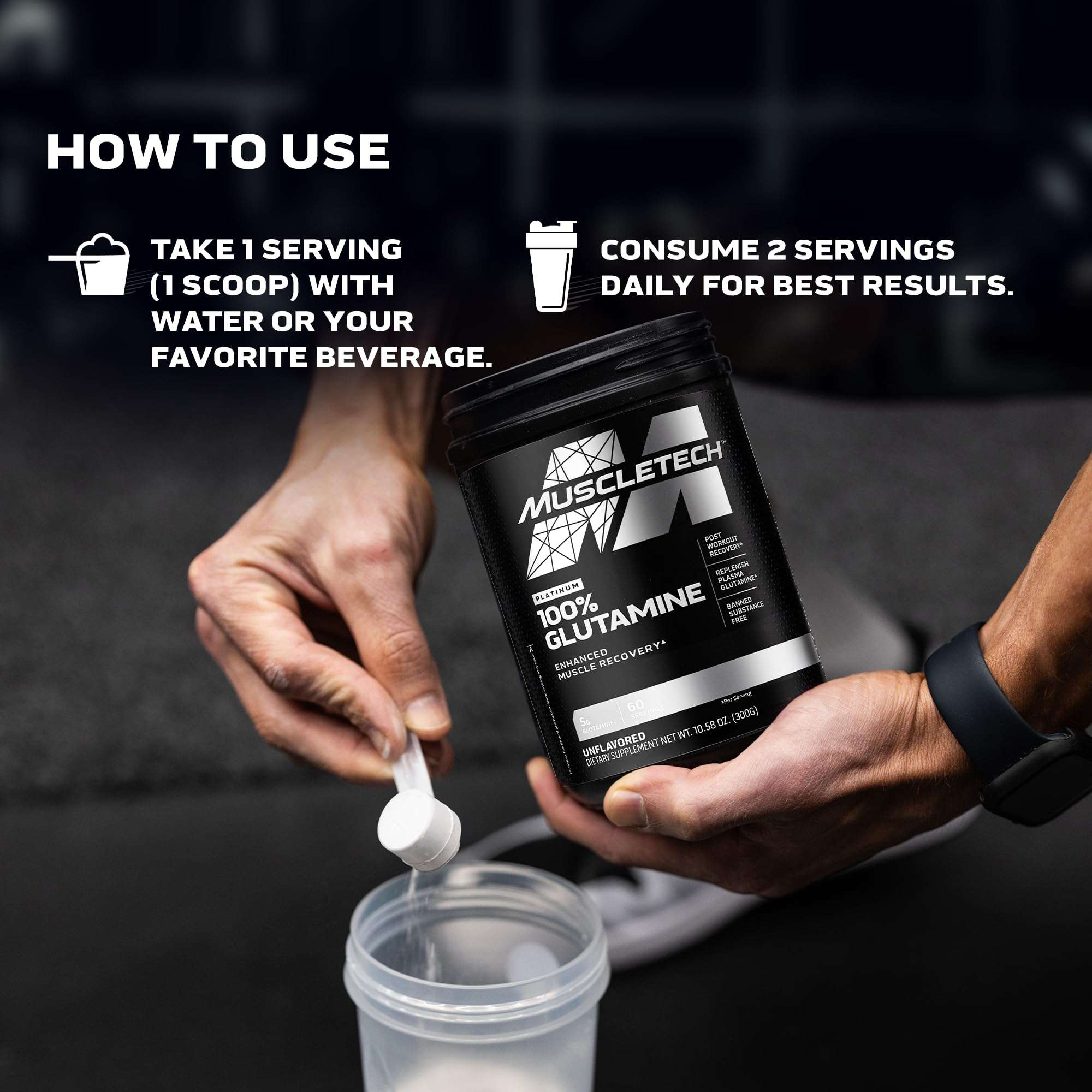 Muscletech glutamine powder for muscle recovery jar with scoop being added to shaker bottle for postworkout