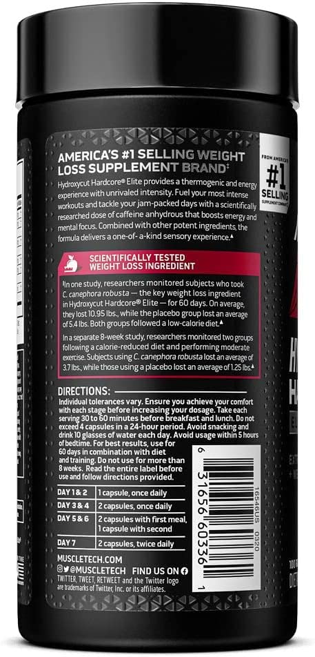 MuscleTech Hydroxycut Hardcore Elite UAE black supplement bottle showing back label with ingredients and directions