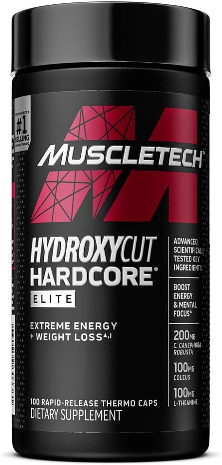 Muscletech Hydroxycut Hardcore Elite UAE black bottle with red logo dietary supplement 100 thermo caps