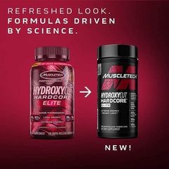 Hydroxycut Hardcore Elite UAE Muscletech old and new bottle packaging side by side showing refreshed design