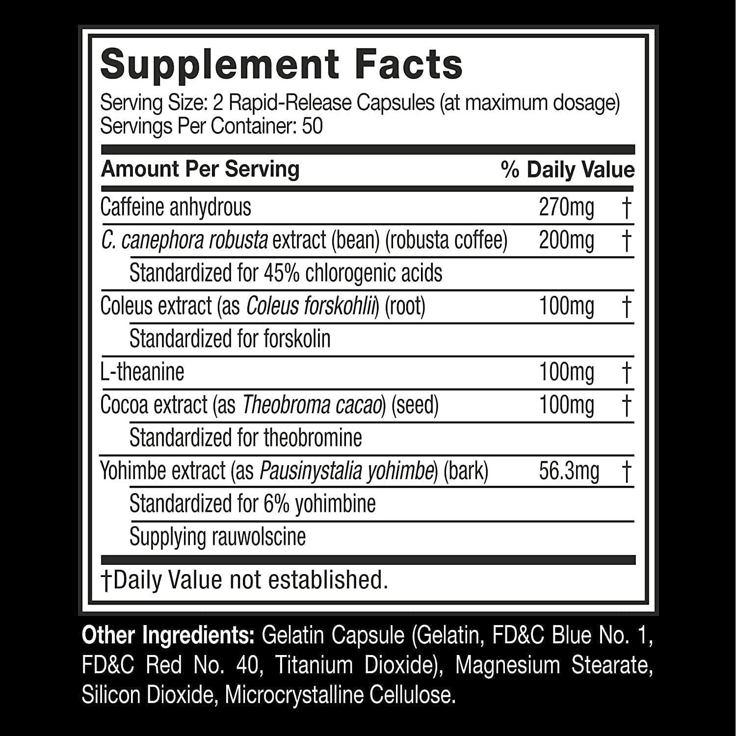 Muscletech Hydroxycut Hardcore Elite UAE supplement facts label showing caffeine 270 mg and herbal extracts
