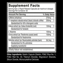 Supplement Facts panel showing caffeine, extracts, and daily amounts on bottle label