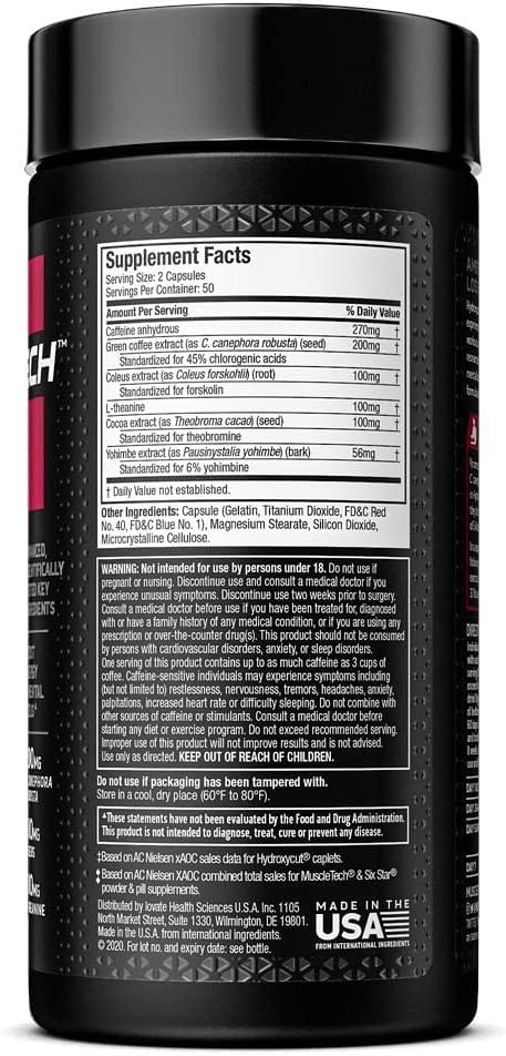 Hydroxycut Hardcore Elite UAE Muscletech black supplement bottle back showing Supplement Facts label and ingredients