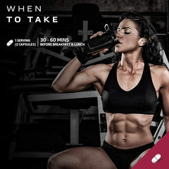 Fit woman in gym drinking from shaker showing abs and supplement timing info for Hydroxycut Hardcore Elite UAE