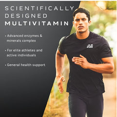 Fit man running outdoors with text highlighting MuscleTech multivitamin supplement for athletes and health support