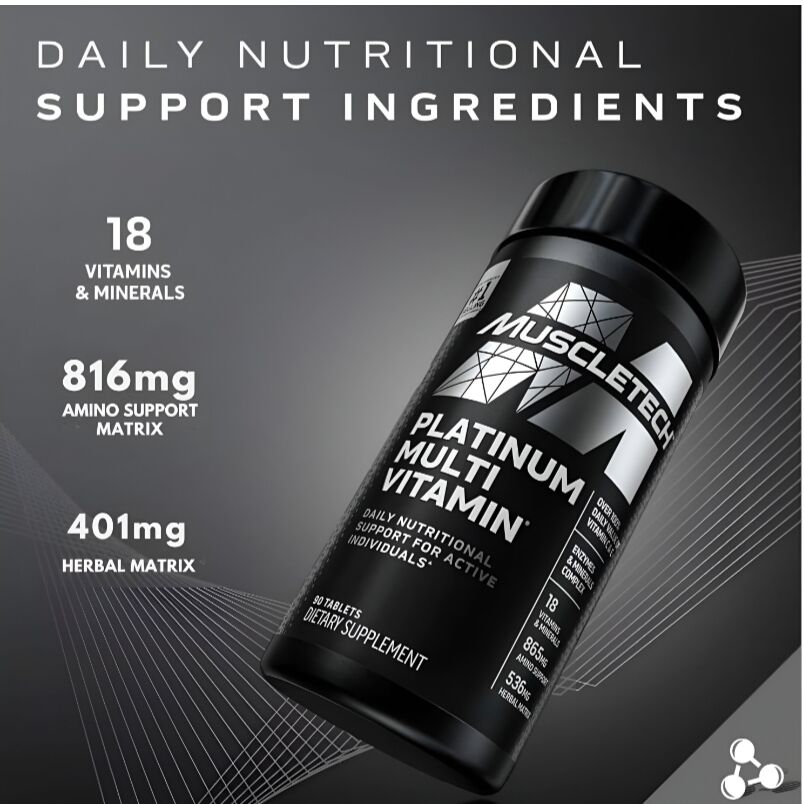 MuscleTech multivitamin supplement bottle showing daily nutritional support with vitamins amino and herbal matrices