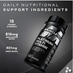 MuscleTech multivitamin supplement bottle showing daily nutritional support with vitamins amino and herbal matrices