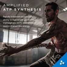 Athlete stretching with creatine supplement text 'amplified ATP synthesis'