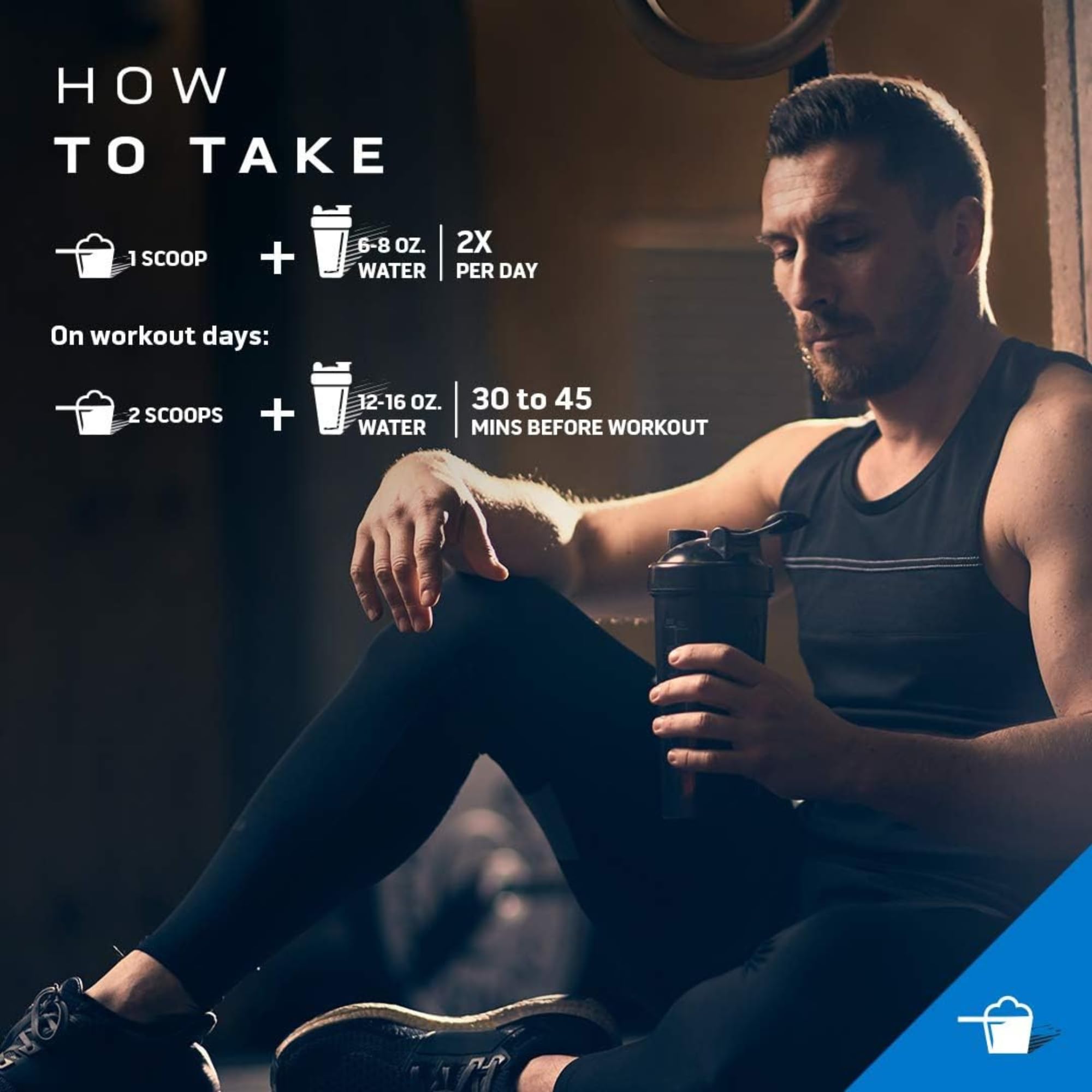 MuscleTech Cell-Tech Creactor Creatine HCl supplement dosing graphic showing man in gym with shaker and how to take instructions