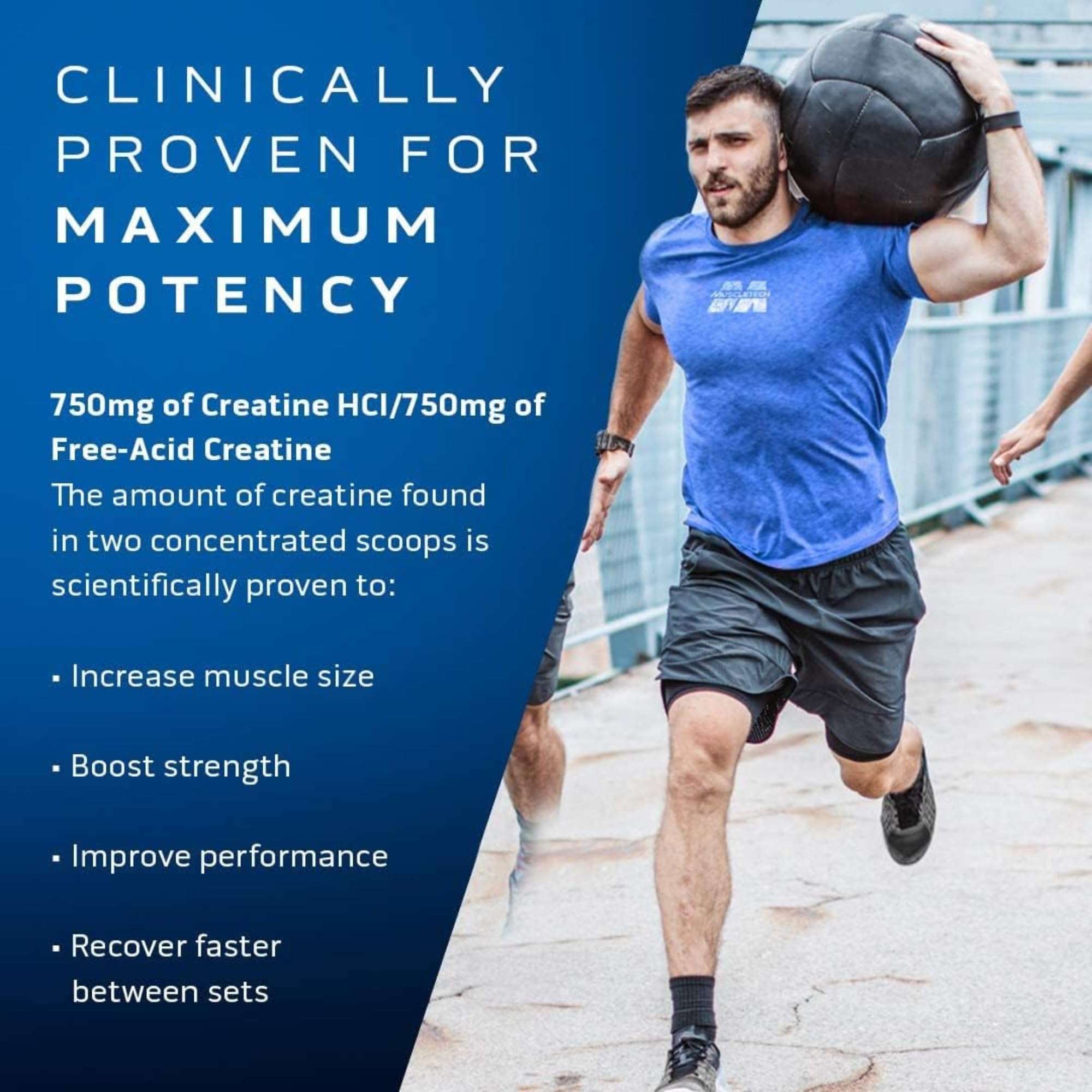 MuscleTech Cell-Tech Creactor Creatine HCl ad showing male athlete running with a heavy medicine ball with benefits listed
