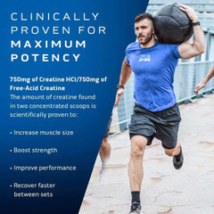 MuscleTech Cell-Tech Creactor Creatine HCl ad showing male athlete running with a heavy medicine ball with benefits listed