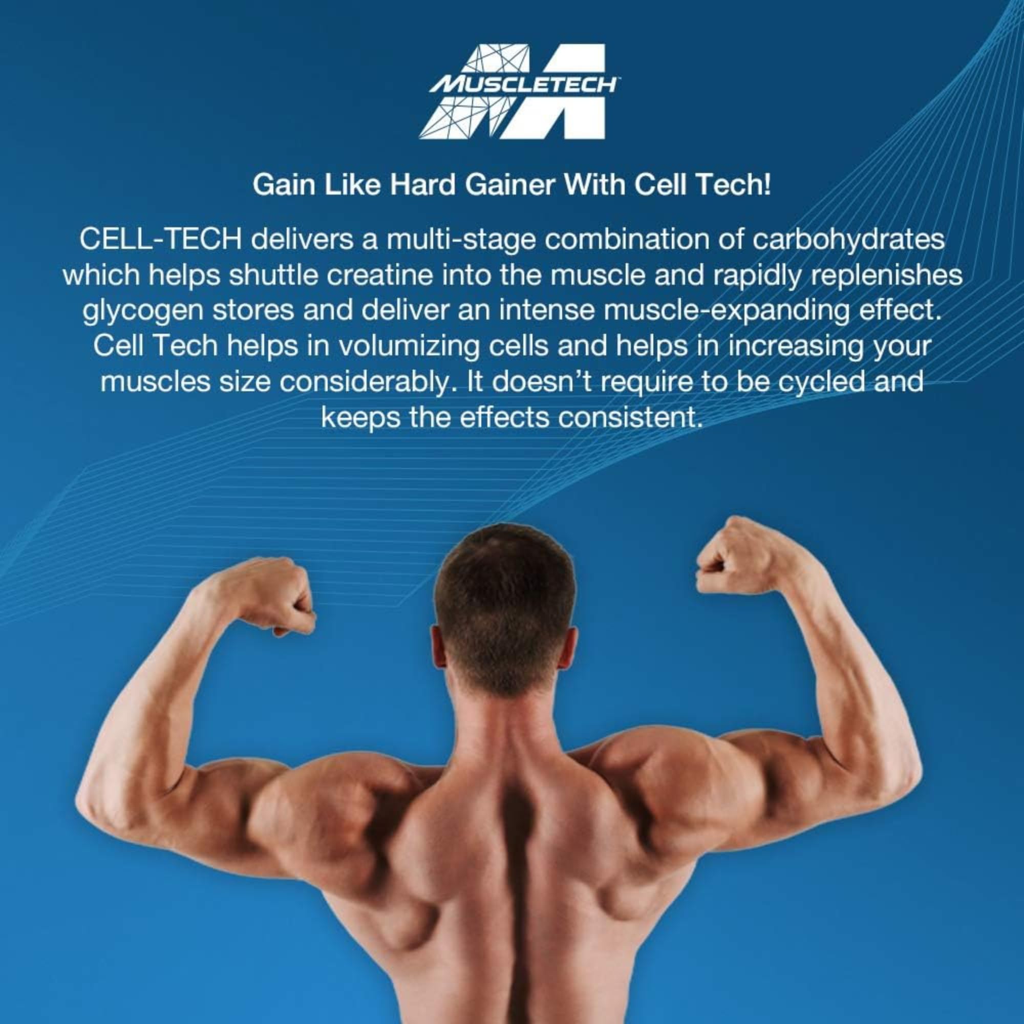 MuscleTech Cell-Tech Creactor Creatine HCl ad showing Muscletech logo and muscular man flexing back