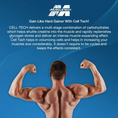 MuscleTech Cell-Tech Creactor Creatine HCl ad showing Muscletech logo and muscular man flexing back