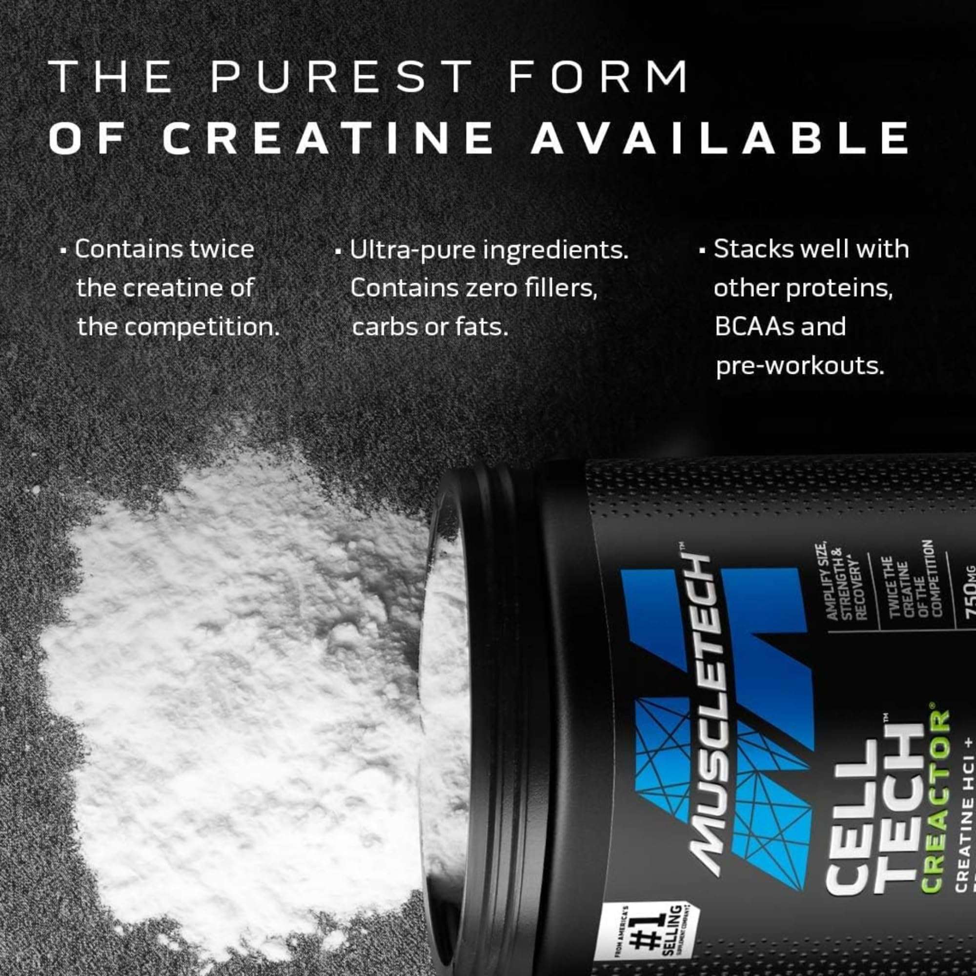 MuscleTech Cell-Tech Creactor Creatine HCl tub tipped spilling white powder beside label showing purity benefits