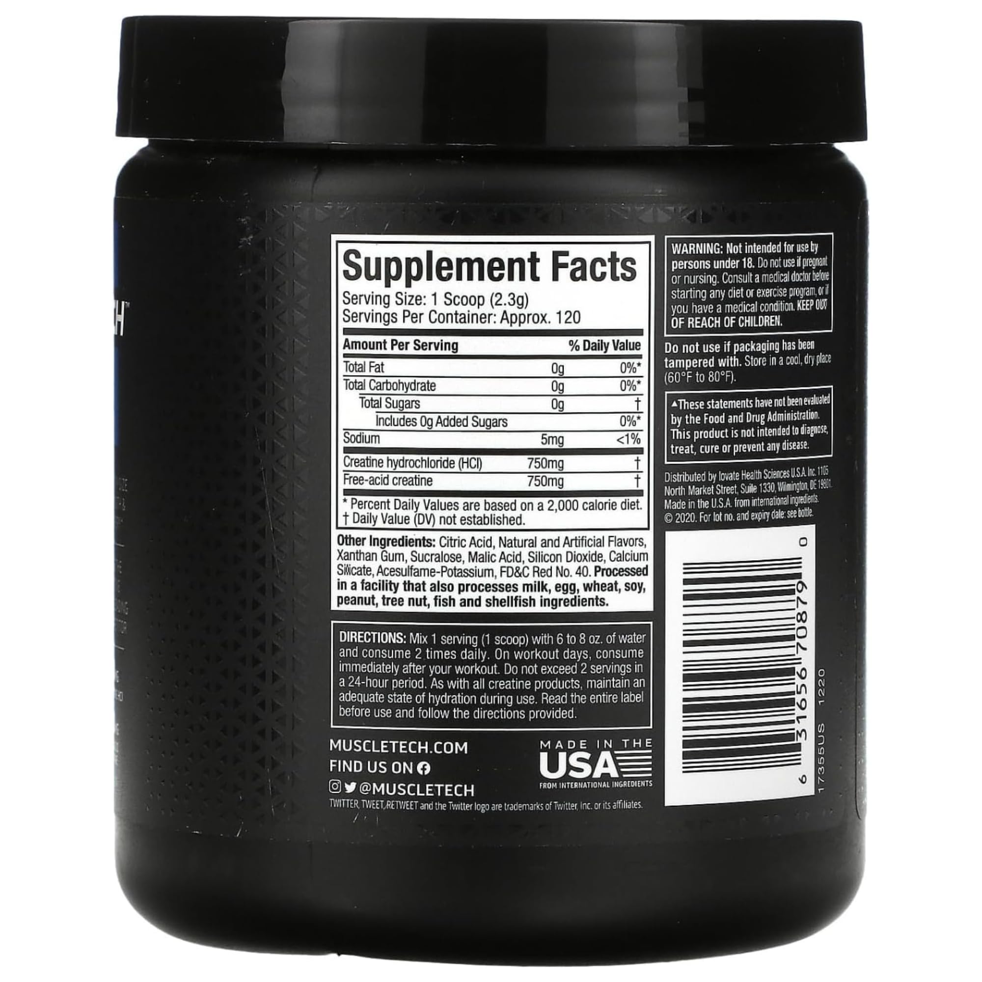 Back of black supplement jar showing Supplement Facts label barcode and directions MuscleTech Cell-Tech Creactor Creatine HCl