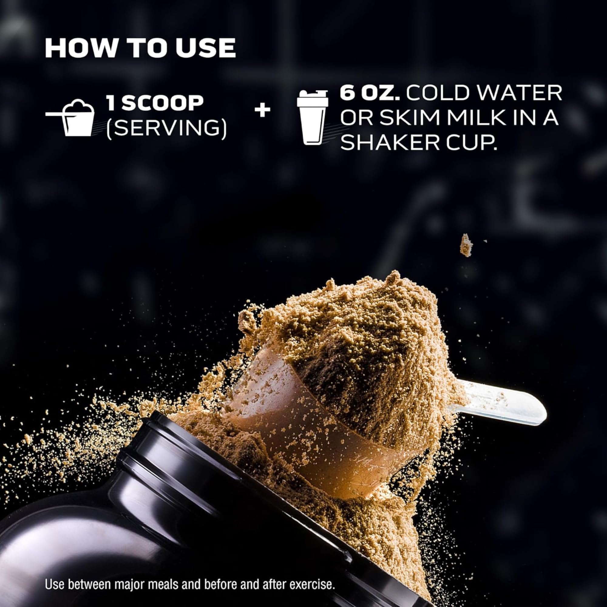 Muscletech whey protein powder UAE scoop overflowing beside black tub with mixing instructions