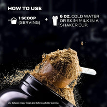 Whey powder scoop above a shaker bottle with how to use instructions