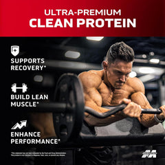 Muscletech ad of a man doing barbell curls promoting Ultra Premium protein supports recovery build muscle whey protein powder UAE