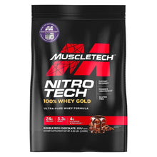 Nitro Tech whey protein pouch, dark with red logo and chocolate-colored label