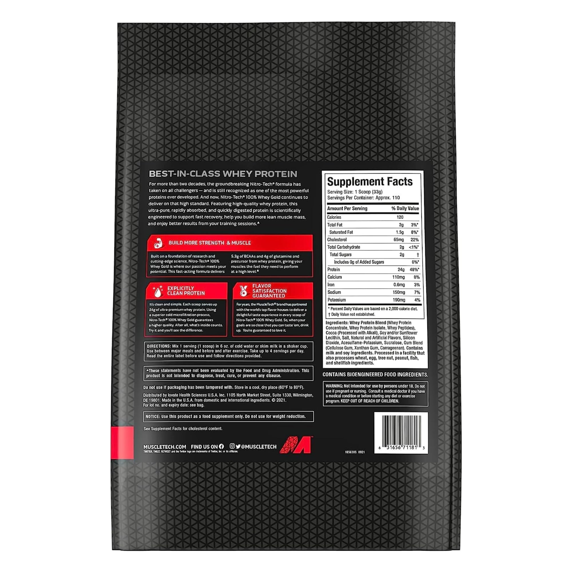 Muscletech black supplement bag back showing Supplement Facts panel and label for whey protein powder UAE