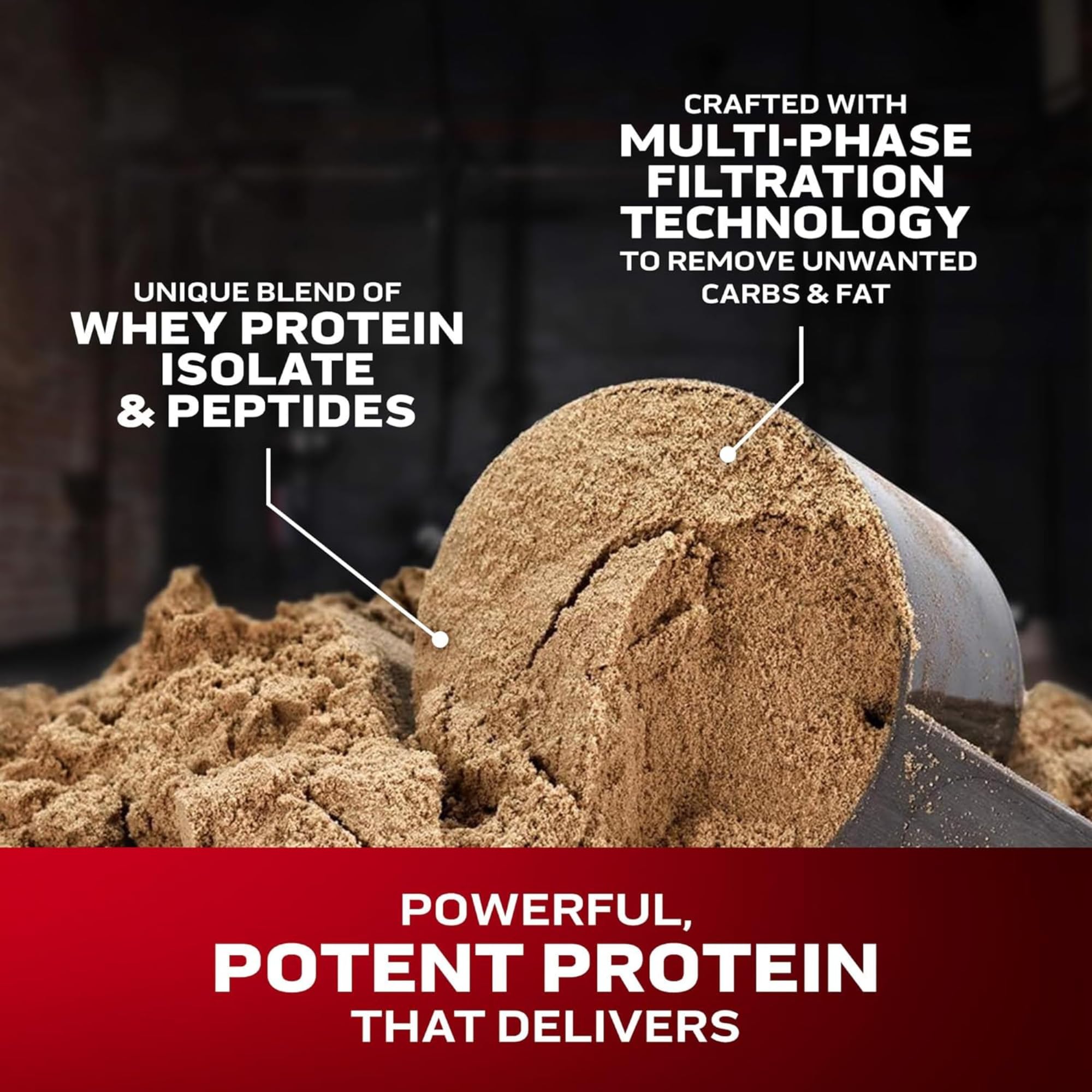 Muscletech chocolate whey protein powder UAE scoop of brown powder showing isolate and filtration technology